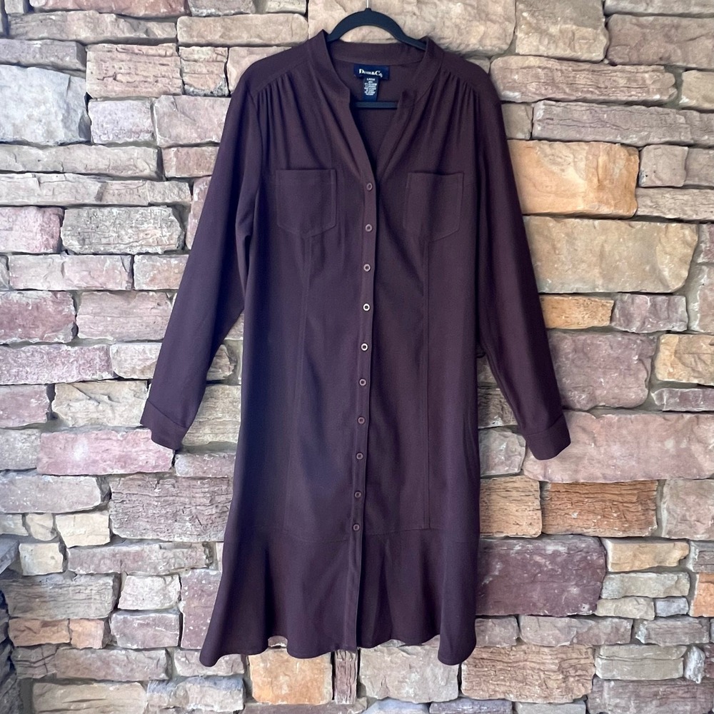 VTG Denim & Co Women Large Shirt Dress Brown LS Button UP Ruffle Hem Cottage